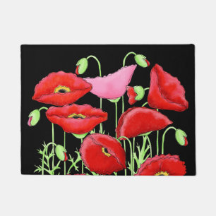 Red Pink Poppies Art Custom Decorative Black Doormat
