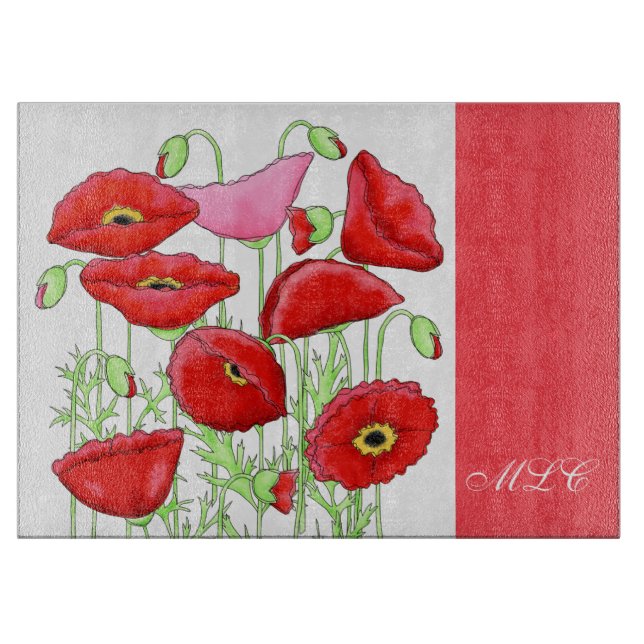 Red Pink Poppies Art Custom Monogram Personalised Cutting Board (Front)