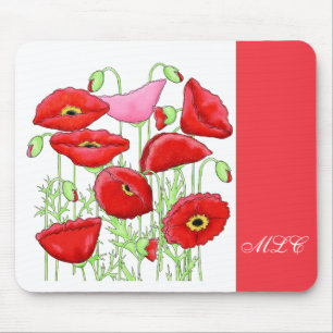 Red Pink Poppies Art Custom Monogram Personalised Mouse Mat
