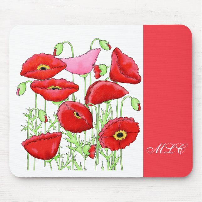 Red Pink Poppies Art Custom Monogram Personalised Mouse Mat (Front)