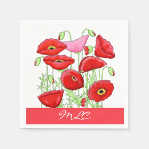 Red Pink Poppies Art Custom Monogram Personalised Napkin