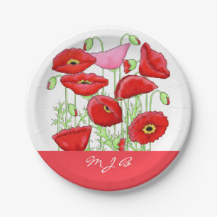 Red Pink Poppies Art Custom Monogram Personalised Paper Plate