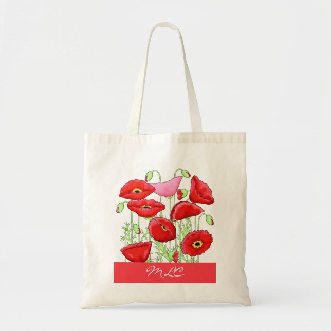 Red Pink Poppies Art Custom Monogram Personalised Tote Bag (Front)
