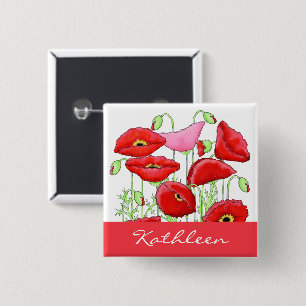 Red Pink Poppies Art Custom Name Badge