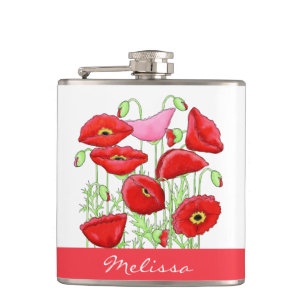 Red Pink Poppies Art Custom Name Personalised Hip Flask