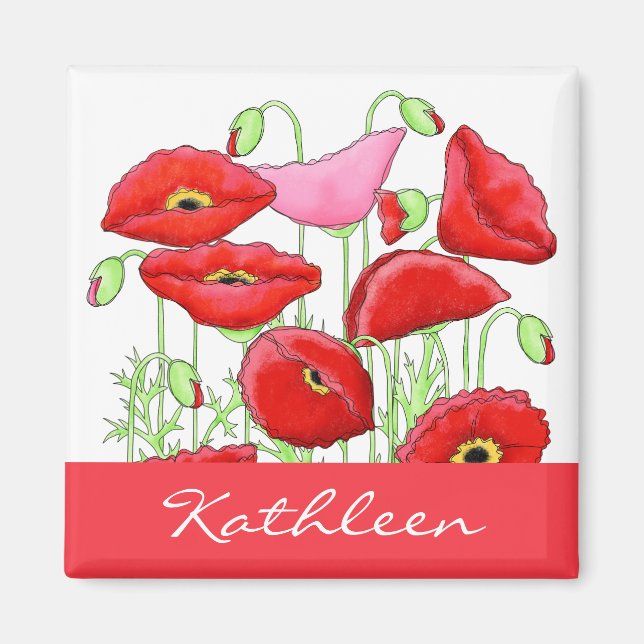 Red Pink Poppies Art Custom Name Personalised Magnet (Front)