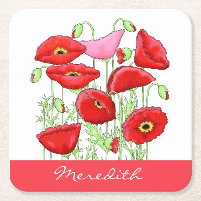 Red Pink Poppies Art Custom Name Personalised Square Paper Coaster (Front)