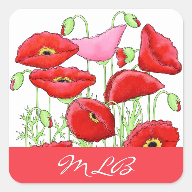 Red Pink Poppies Art Custom Name Personalised Square Sticker (Front)