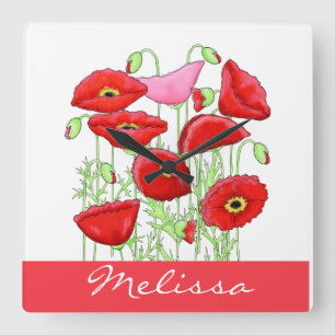 Red Pink Poppies Art Custom Name Personalised Square Wall Clock
