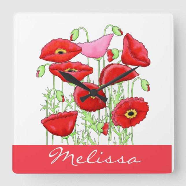 Red Pink Poppies Art Custom Name Personalised Square Wall Clock (Front)