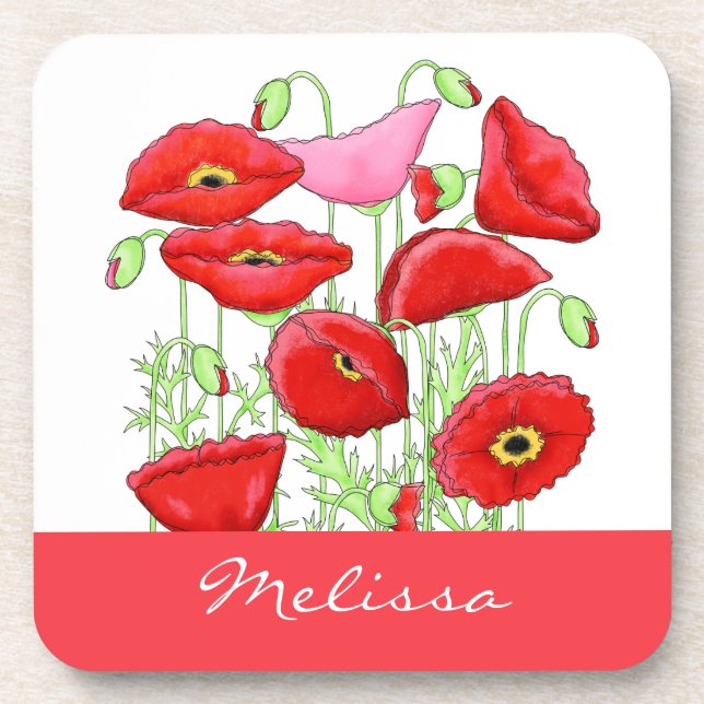 Red Pink Poppies Art Custom Name Personalized Coaster (Front)