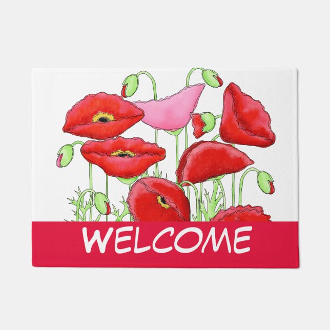 Red Pink Poppies Art Decorative White Welcome Doormat (Front)