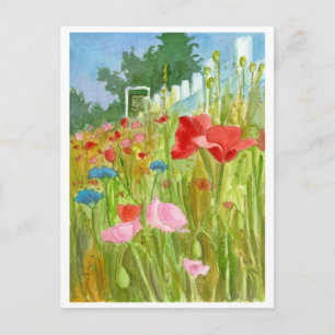 Red Pink Poppies Watercolor Flowers Postcard