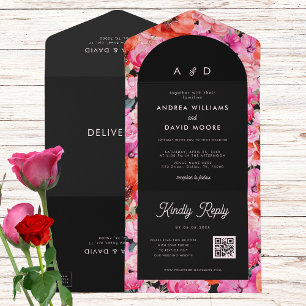 Red & Pink Poppy Floral Dark QR Code Fall Wedding All In One Invitation