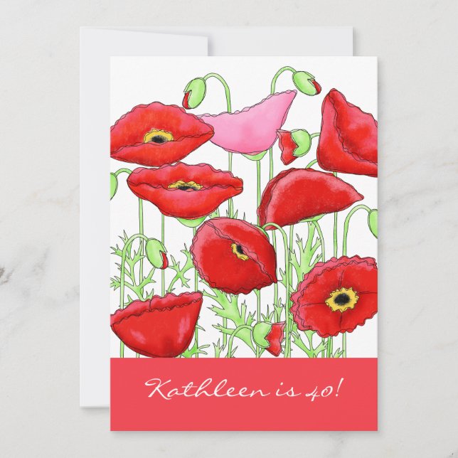 Red Pink Poppy Flowers 40th Birthday Party Invite (Front)
