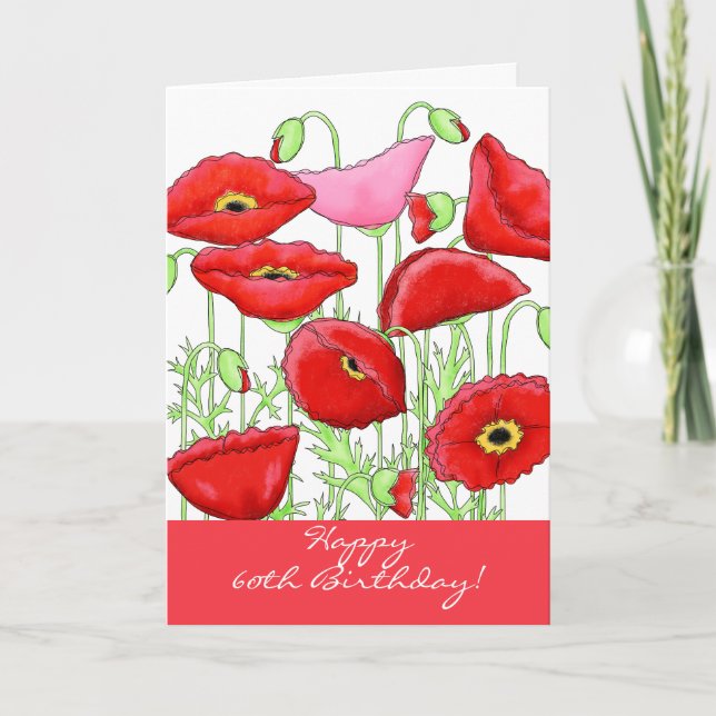 Red Pink Poppy Flowers 60th Happy Birthday Card (Front)