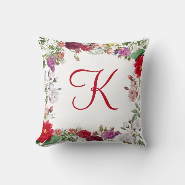 Red Pink Purple Green Flowers Floral Monogrammed Cushion (Front)