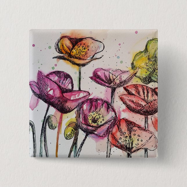 Red Pink Purple Poppy Flowers Poppies Floral 15 Cm Square Badge (Front)