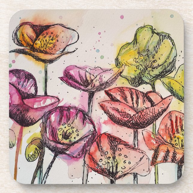 Red Pink Purple Poppy Flowers Poppies Floral Coaster (Front)