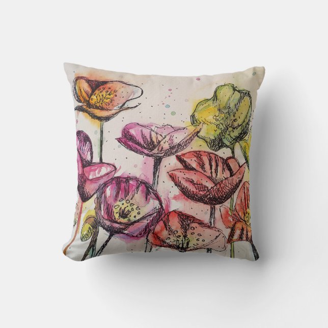 Red Pink Purple Poppy Flowers Poppies Floral Cushion (Front)