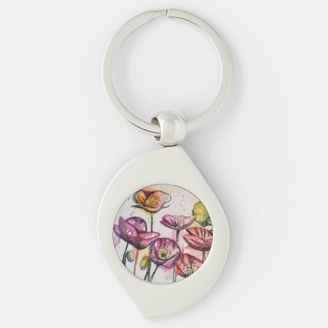Red Pink Purple Poppy Flowers Poppies Floral Key Key Ring (Front)