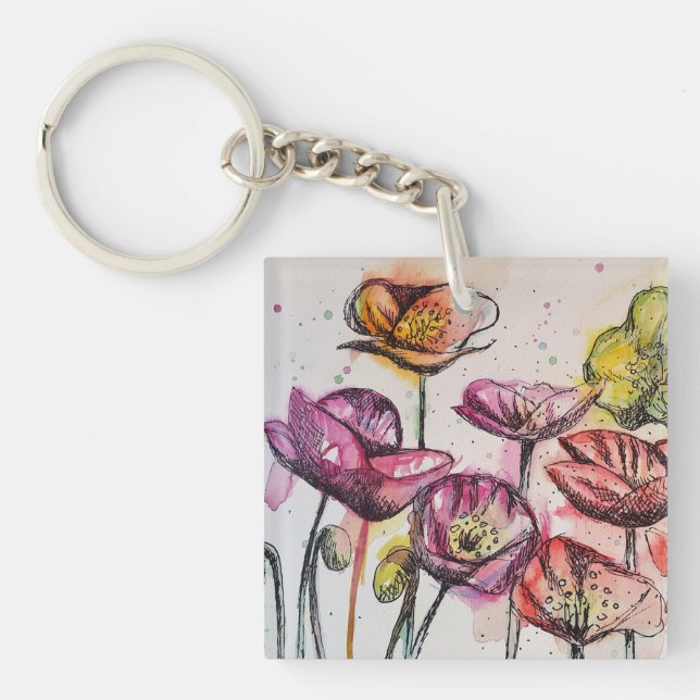 Red Pink Purple Poppy Flowers Poppies Floral Key Ring (Front)