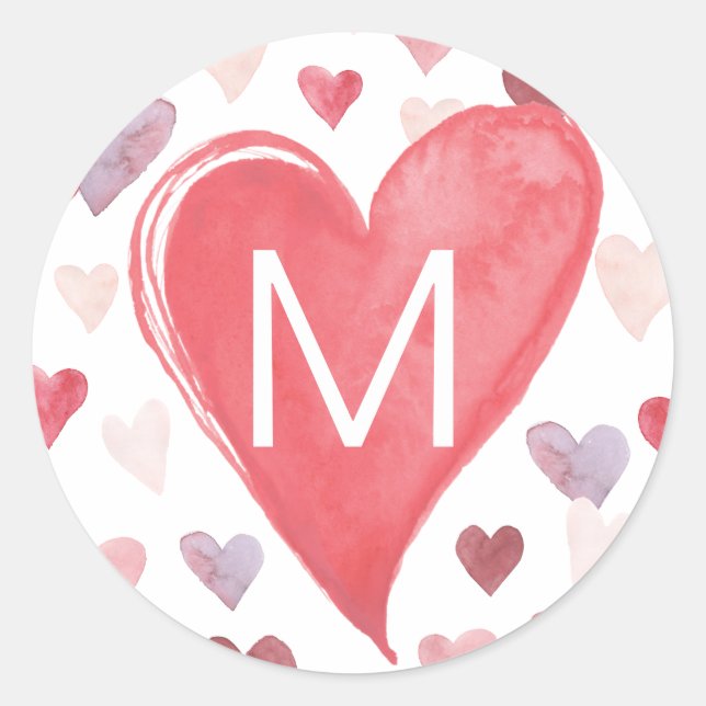 Red Pink Purple Watercolor Hearts Monogram Sticker (Front)