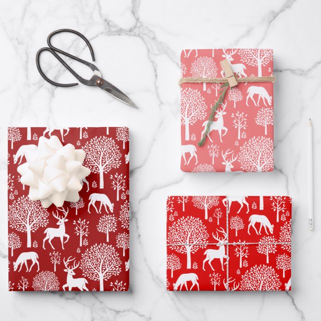 Red Pink Reindeer Christmas Wrapping Paper (Front)