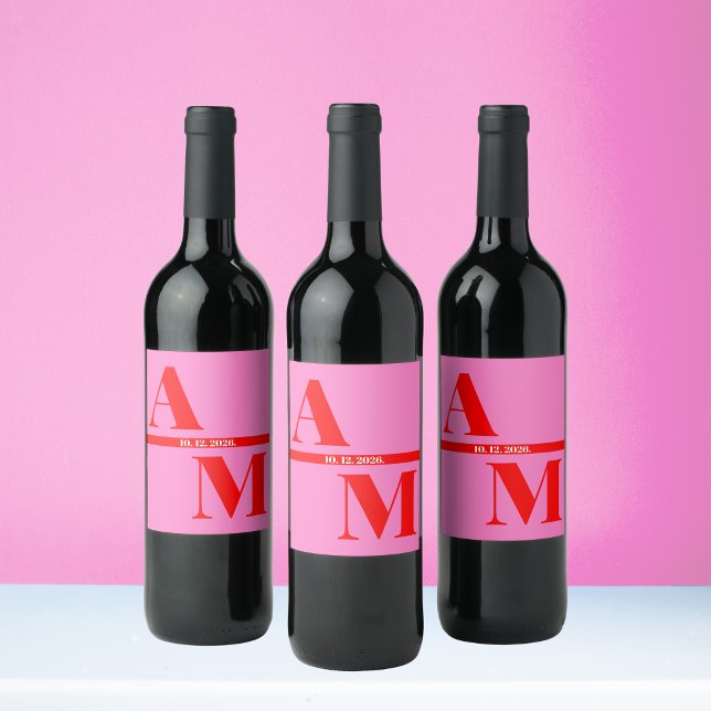 Red Pink Retro Bold Typography Wedding Wine Label (Creator Uploaded)