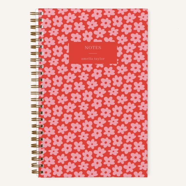 Red Pink Retro Daisy Pattern Personalised Name Notebook (Front)