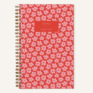 Red Pink Retro Daisy Pattern Personalized Name Notebook