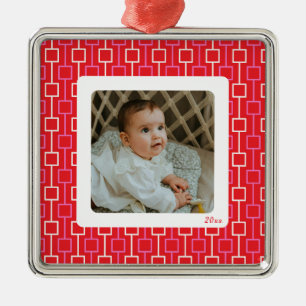 Red Pink Retro Geometric Christmas Photo Keepsake Metal Tree Decoration
