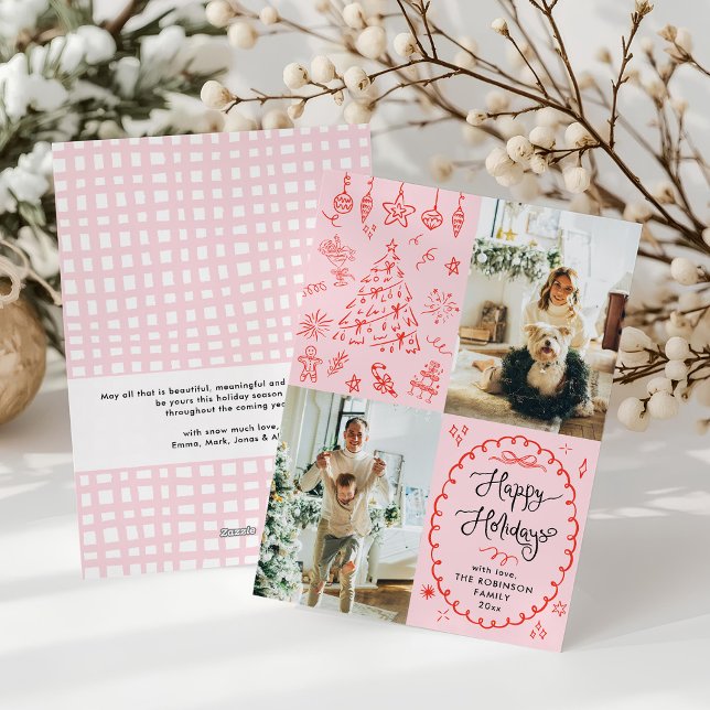 Red Pink Retro Hand Drawn Happy Holidays 2 Photo Holiday Card (Creator Uploaded)