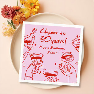 Red Pink Retro Handdraw Funky Cocktail Birthday Napkin