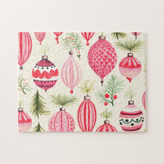 Red Pink Retro Ornaments Christmas Jigsaw Puzzle