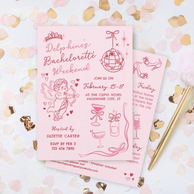 Red Pink Romantic Cupid Bachelorette Weekend Invitation (Creator Uploaded)