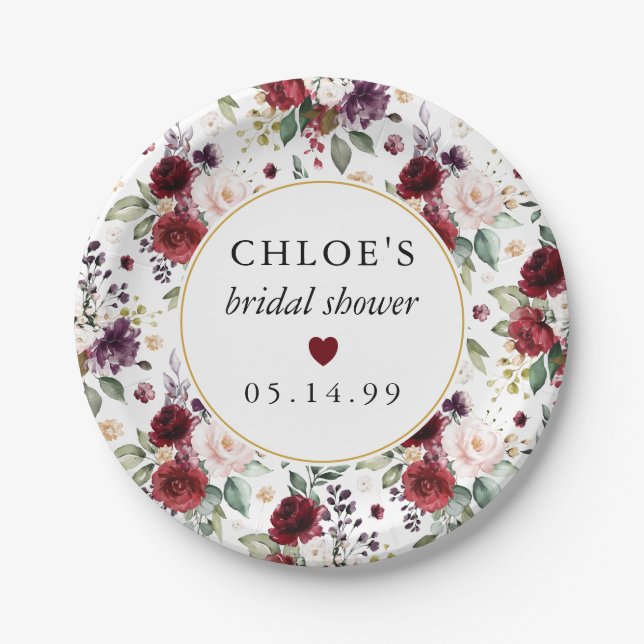 Red Pink Rose Floral Bridal Shower Paper Plate (Front)