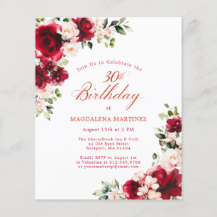 Red Pink Rose Floral Budget Birthday Invitation