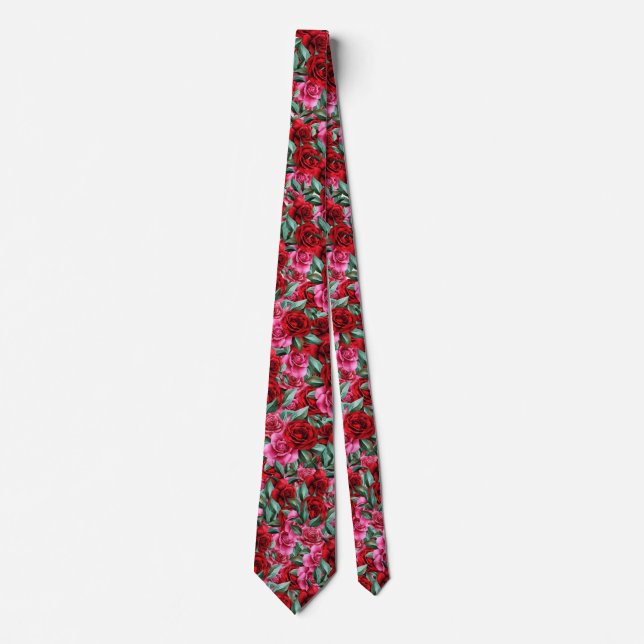 red pink rose floral flower colourful pattern tie (Front)