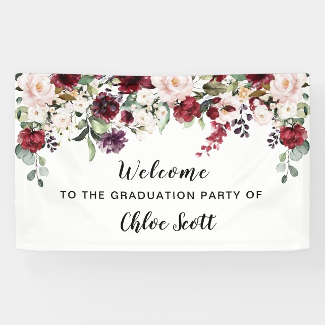 Red Pink Rose Floral Graduation Party Welcome Banner (Horizontal)
