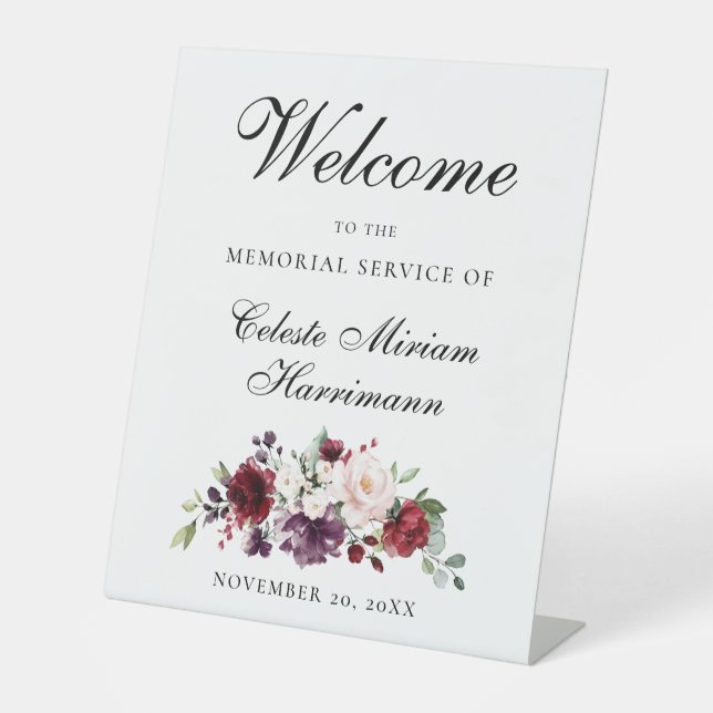 Red Pink Rose Floral Memorial Service Pedestal Sign (Front)