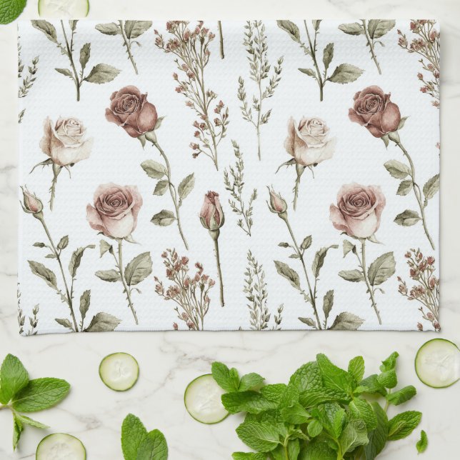 Red Pink Rose Floral   Tea Towel (Folded)