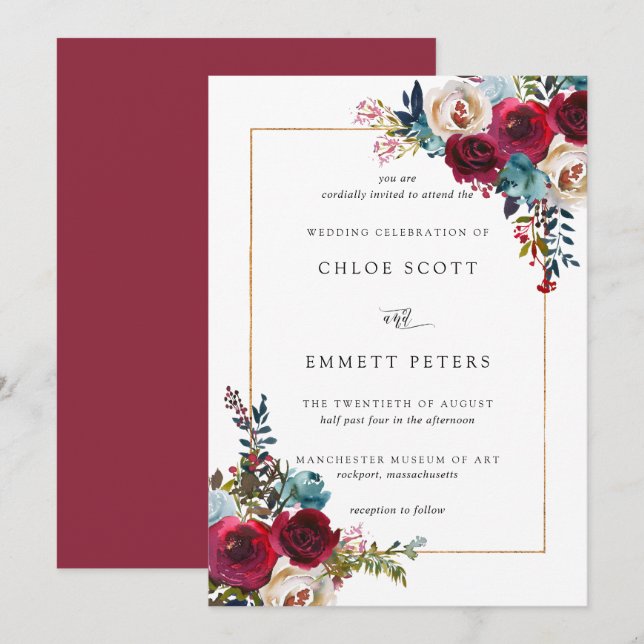 Red Pink Rose Floral Wedding Invitation (Front/Back)