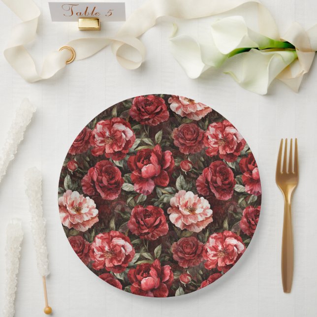 Red Pink Rose Flowers Paper Plate (Wedding)