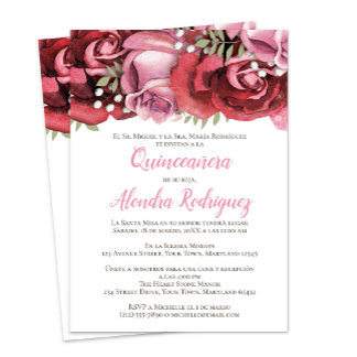 Red Pink Rose (Rosa) Quinceañera Invitation