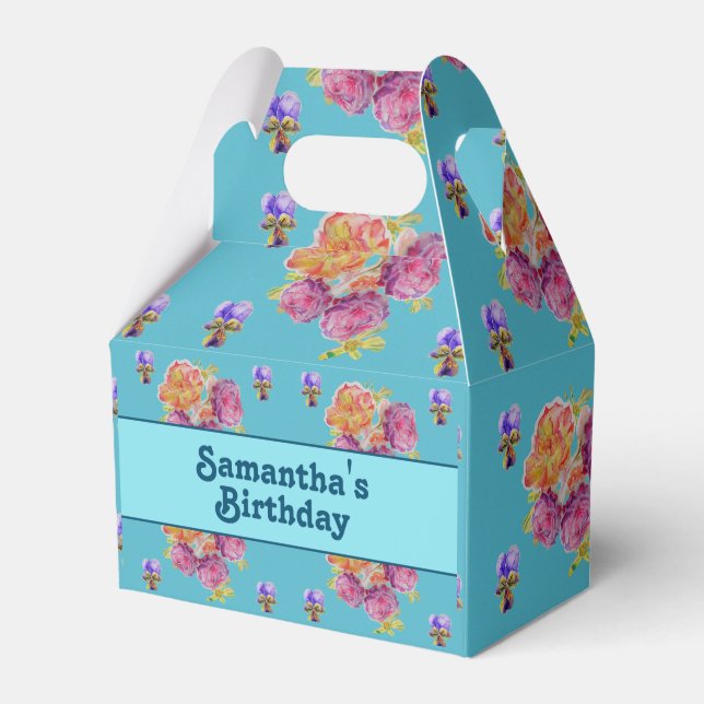 Red Pink Rose Shabby Chic Teal Aqua Floral Favor  Favour Box (Front Side)