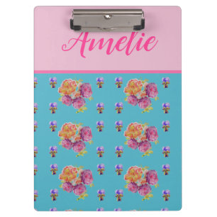Red Pink Rose Shabby Chic Teal Aqua Floral Flower Clipboard