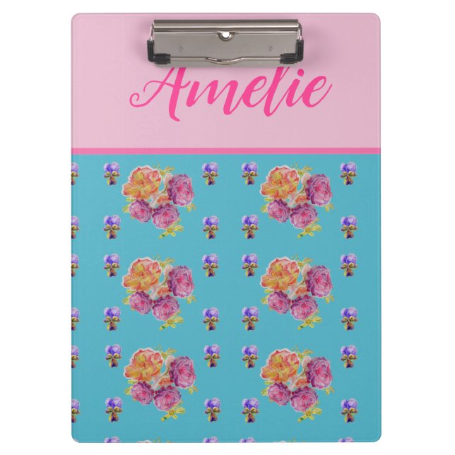Red Pink Rose Shabby Chic Teal Aqua Floral Flower Clipboard (Front)