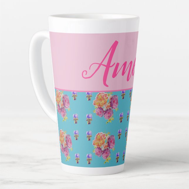 Red Pink Rose Shabby Chic Teal Aqua Floral Flower Latte Mug (Left Angle)