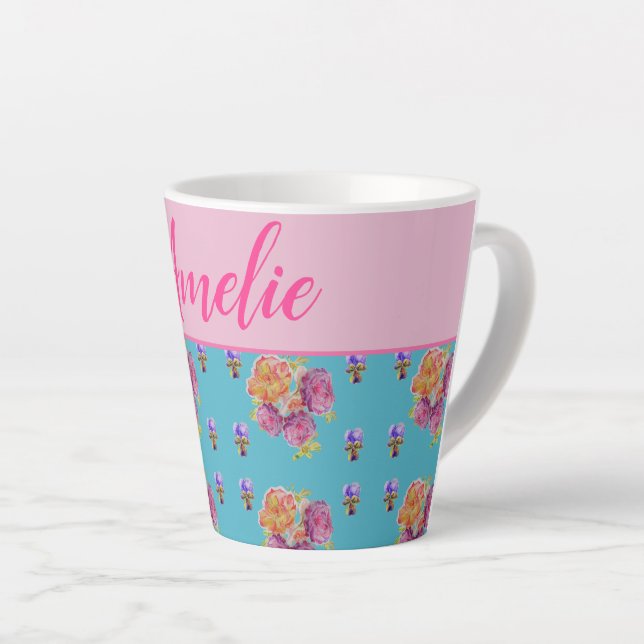 Red Pink Rose Shabby Chic Teal Aqua Floral Flower Latte Mug (Right Angle)